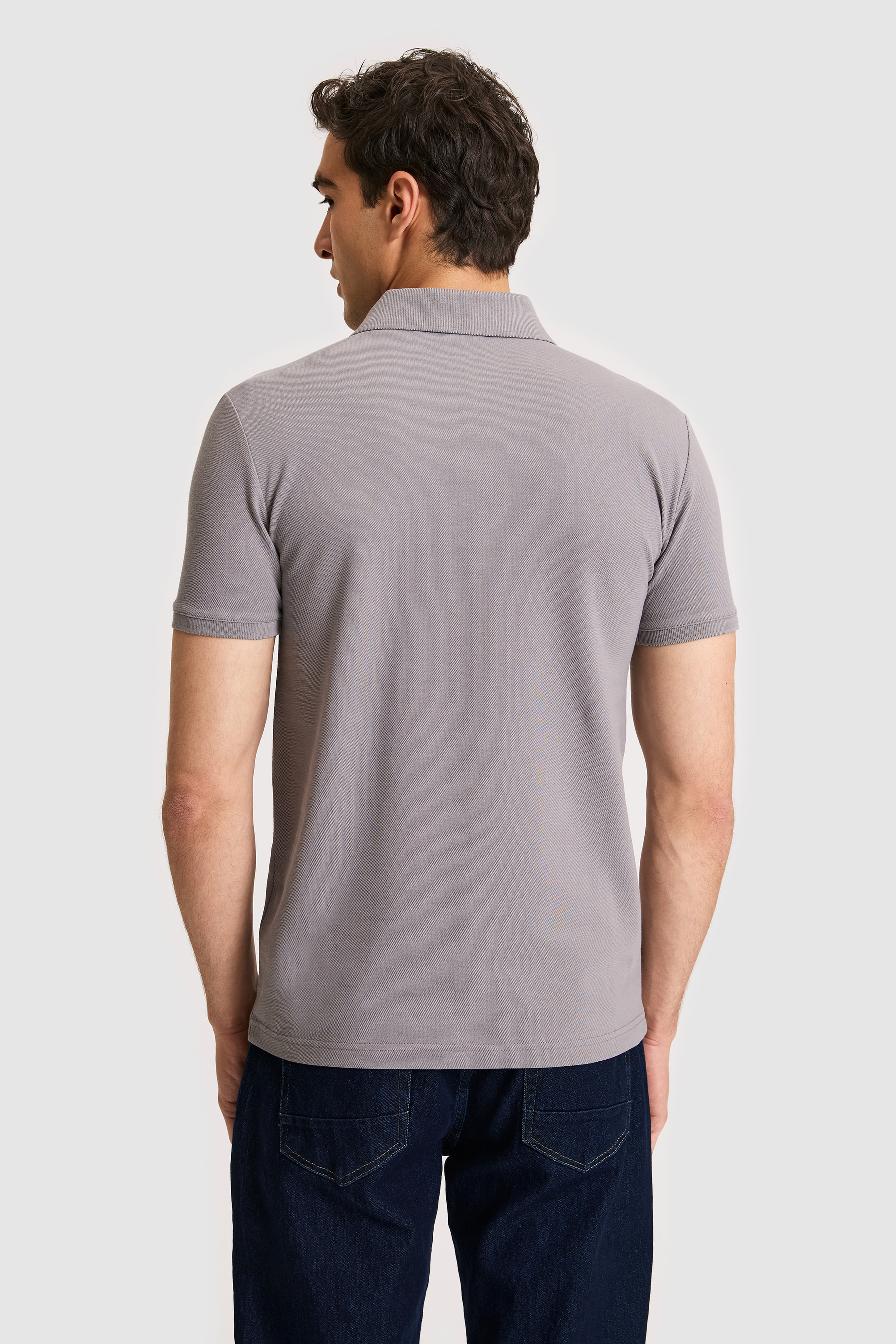 Erkek Slim Fit Polo Yaka Gri Basic Tişört