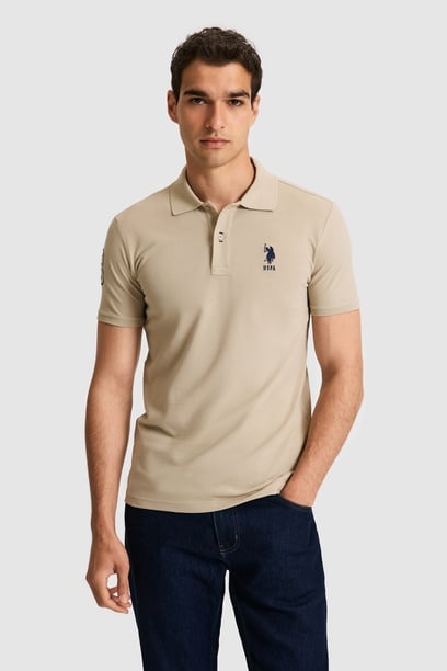 Erkek Slim Fit Polo Yaka Açık Haki Basic Tişört