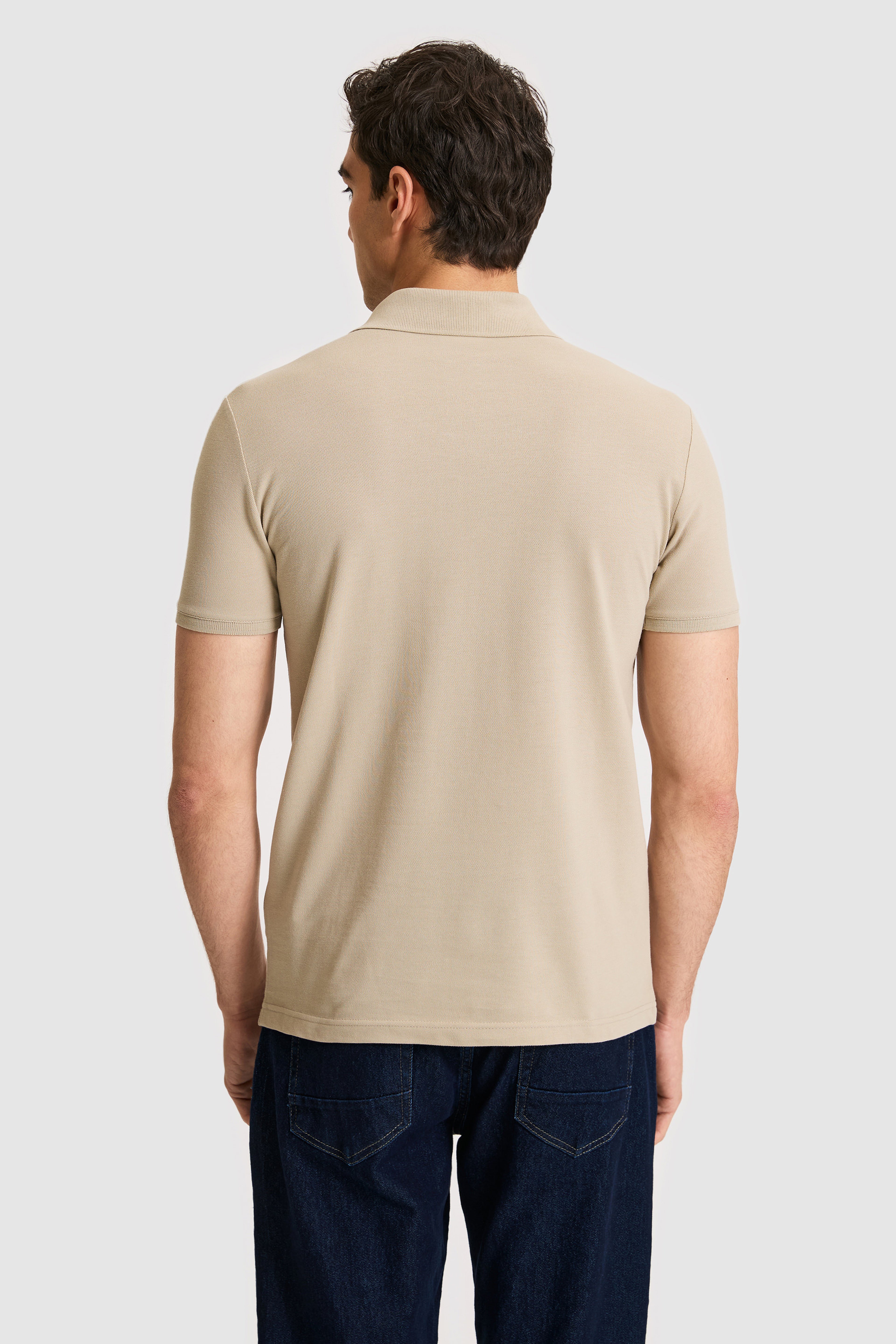 Erkek Slim Fit Polo Yaka Açık Haki Basic Tişört - Image 5