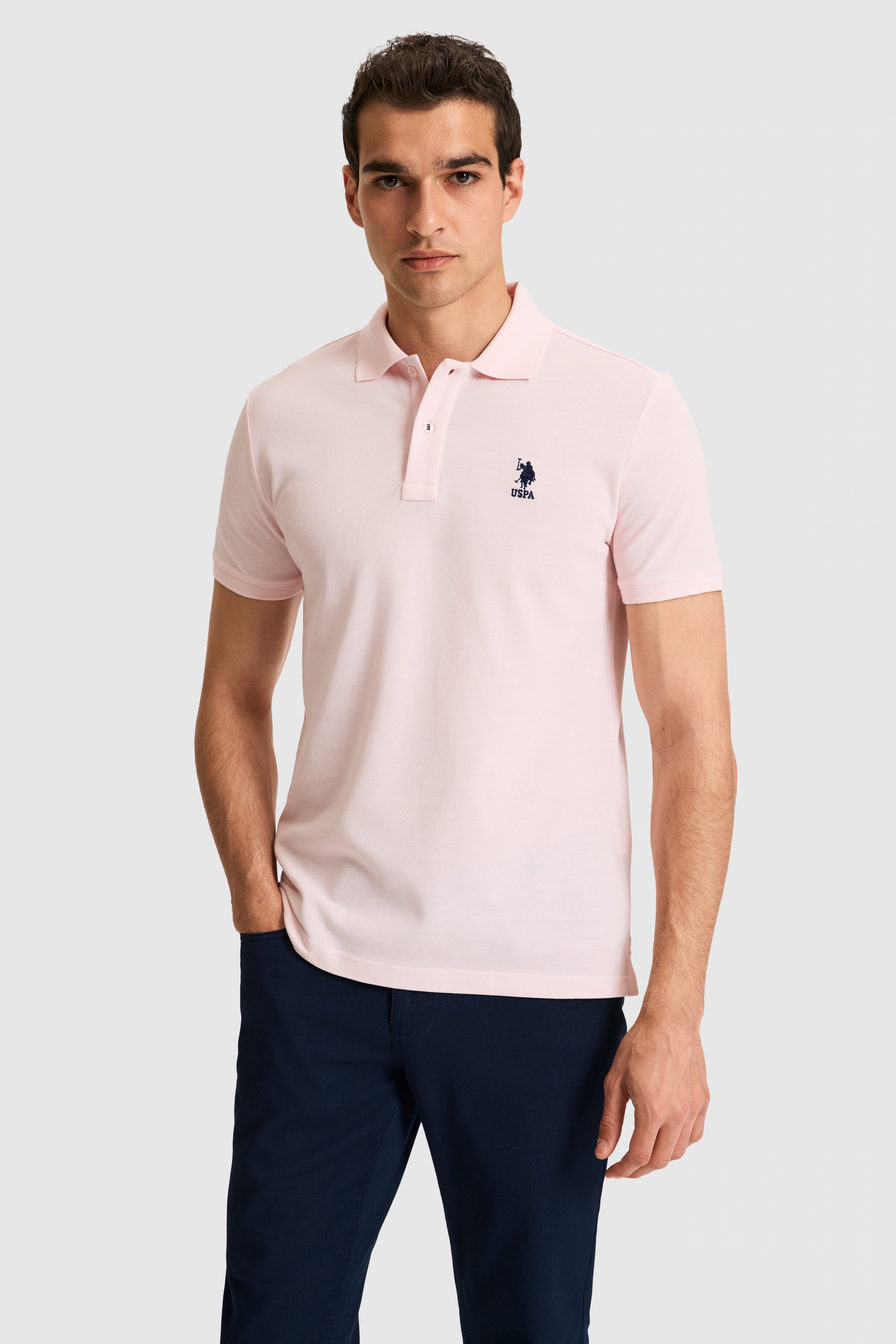 Erkek Slim Fit Polo Yaka Açık Pembe Basic Tişört - Image 1
