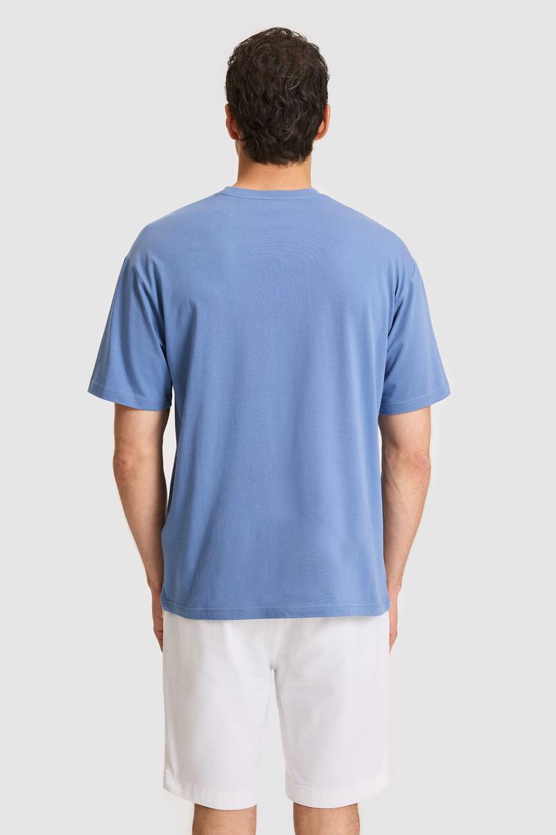 Erkek Comfort Fit Bisiklet Yaka İndigo Tişört - 50325888001