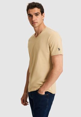 Erkek Regular Fit V Yaka Bej Basic Tişört - 50326944001