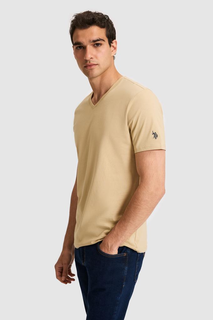 Erkek Regular Fit V Yaka Bej Basic Tişört