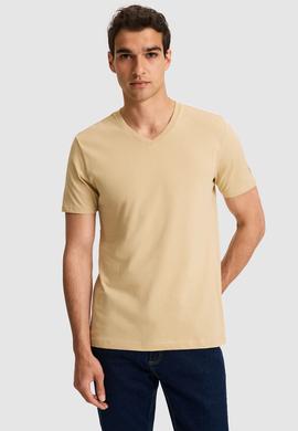Erkek Regular Fit V Yaka Bej Basic Tişört - 50326944001