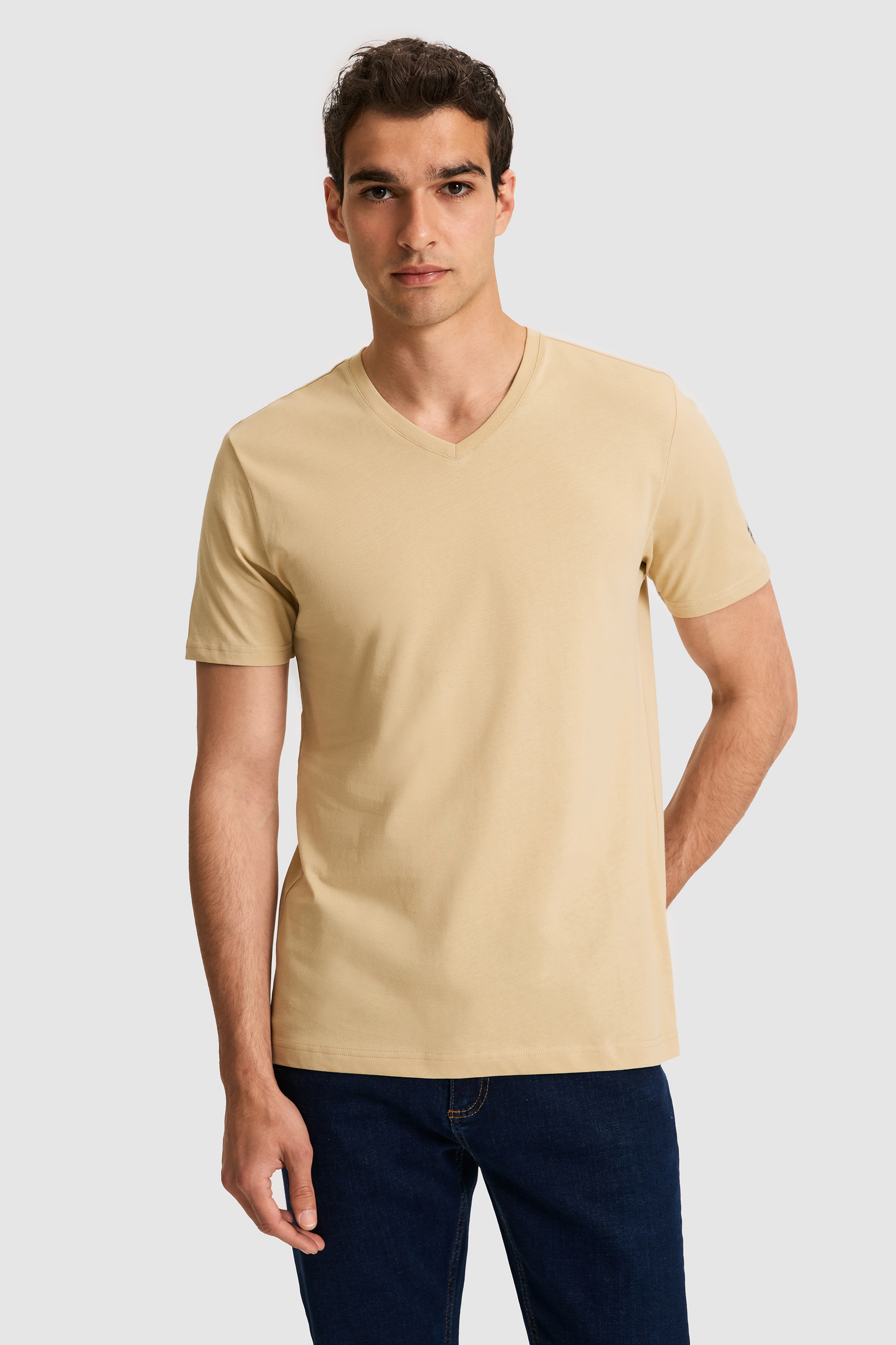 Erkek Regular Fit V Yaka Bej Basic Tişört - 50326944001