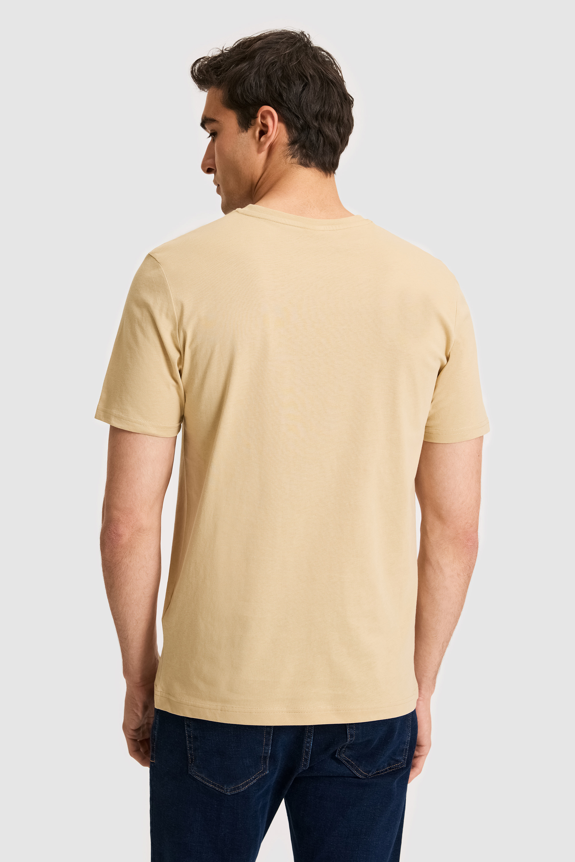 Erkek Regular Fit V Yaka Bej Basic Tişört - 50326944001