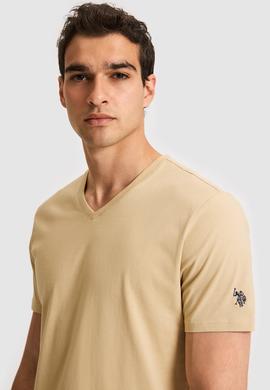 Erkek Regular Fit V Yaka Bej Basic Tişört - 50326944001