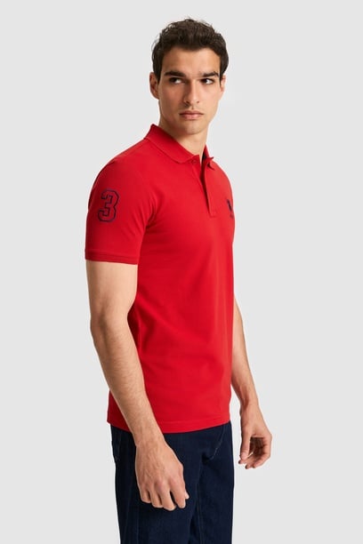 Erkek Slim Fit Polo Yaka Kırmızı Basic Tişört