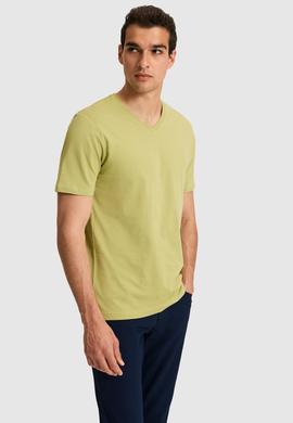 Erkek Regular Fit V Yaka Yeşil Basic Tişört - 50326944023