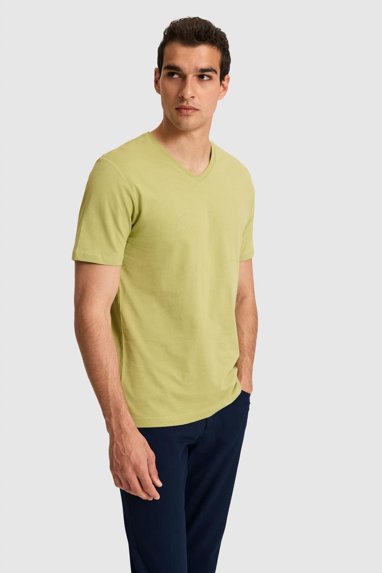 Erkek Regular Fit V Yaka Yeşil Basic Tişört - 50326944023