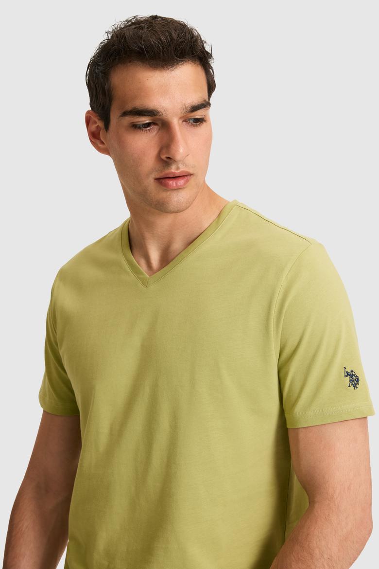 Erkek Regular Fit V Yaka Yeşil Basic Tişört - 50326944023