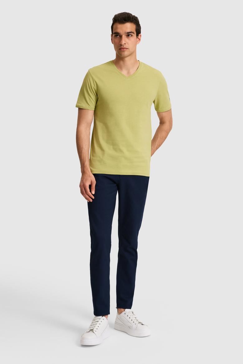Erkek Regular Fit V Yaka Yeşil Basic Tişört - 50326944023