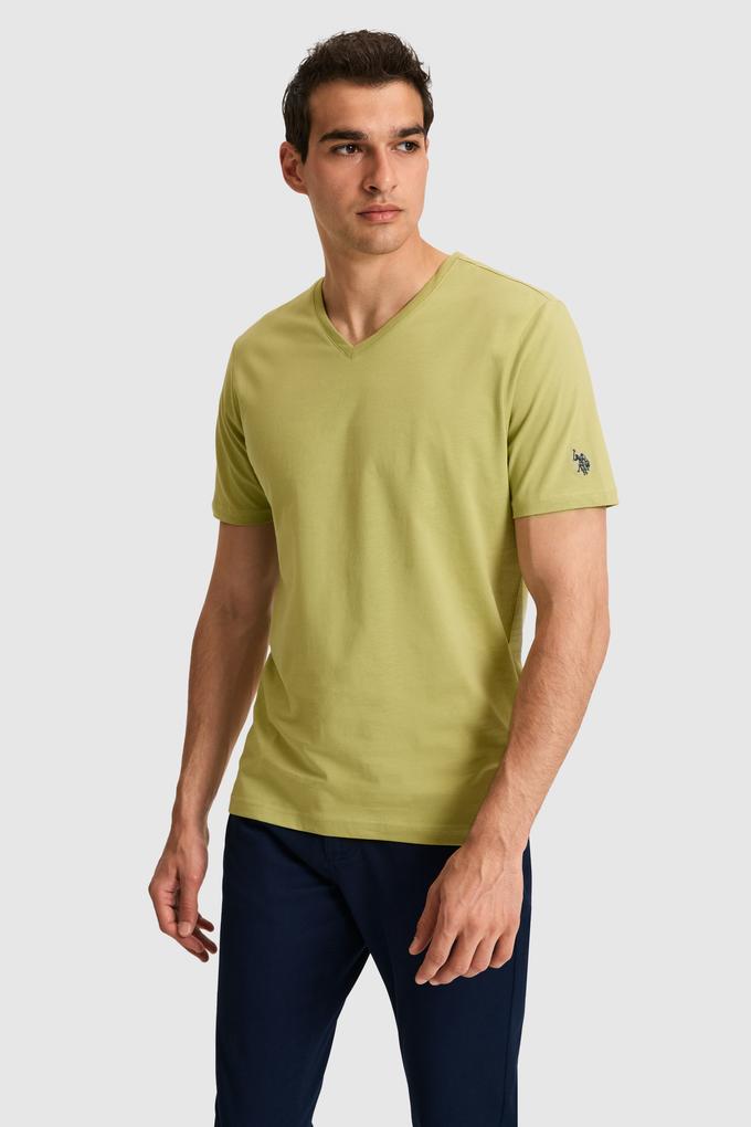Erkek Regular Fit V Yaka Yeşil Basic Tişört