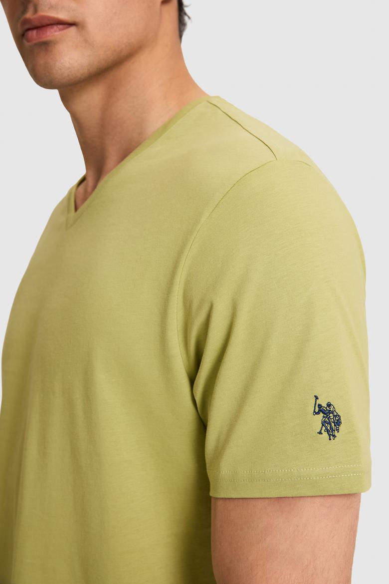 Erkek Regular Fit V Yaka Yeşil Basic Tişört - 50326944023