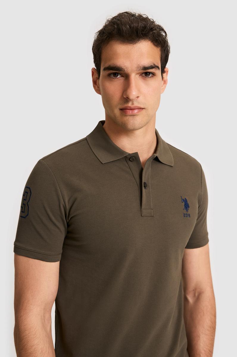 Erkek Slim Fit Polo Yaka Koyu Haki Basic Tişört