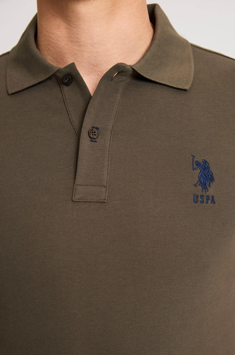 Erkek Slim Fit Polo Yaka Koyu Haki Basic Tişört