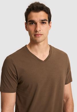 Erkek Regular Fit V Yaka Kahverengi Basic Tişört - 50326944133