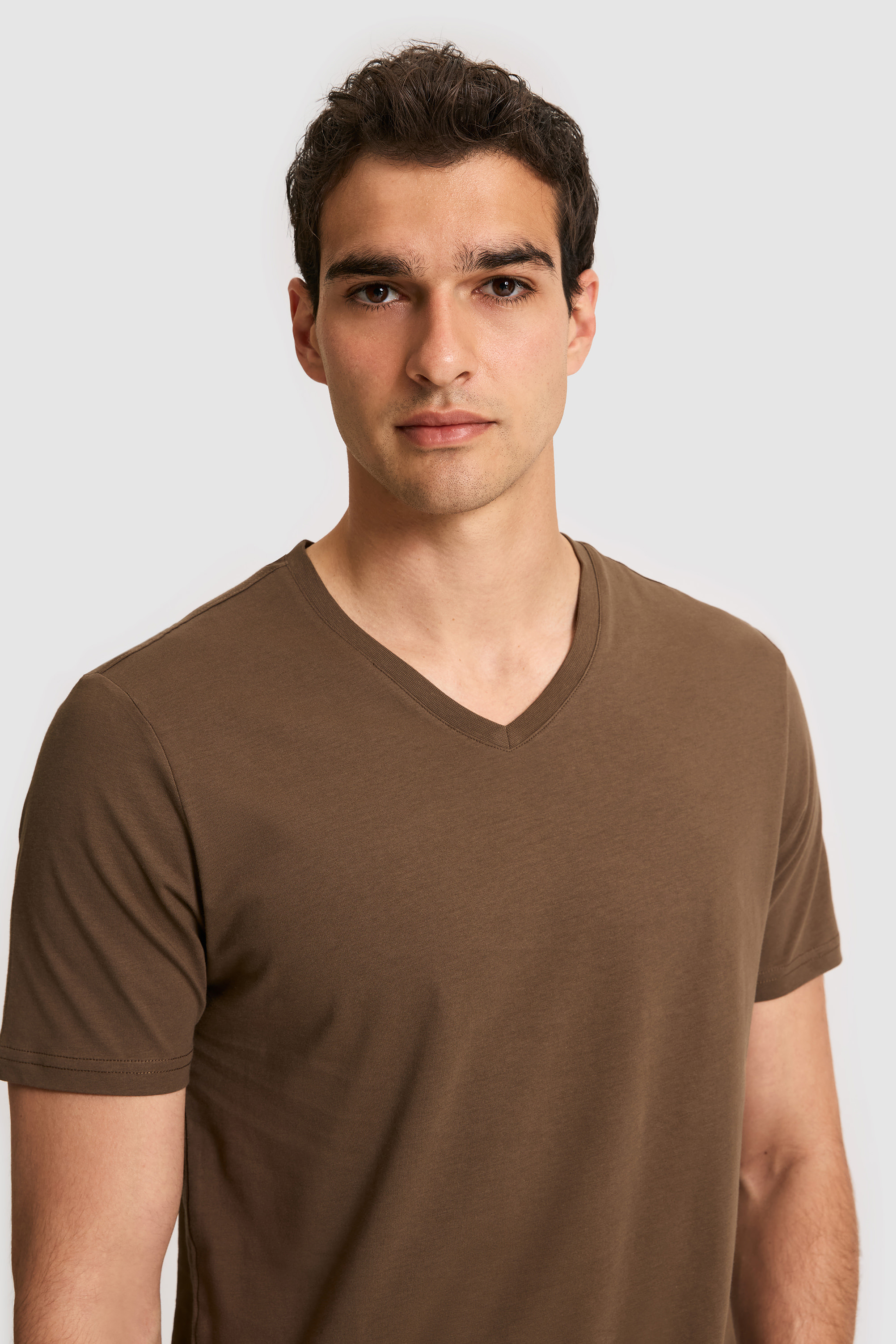 Erkek Regular Fit V Yaka Kahverengi Basic Tişört - 50326944133