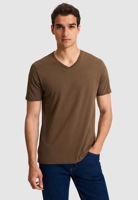 Erkek Regular Fit V Yaka Kahverengi Basic Tişört - 50326944133