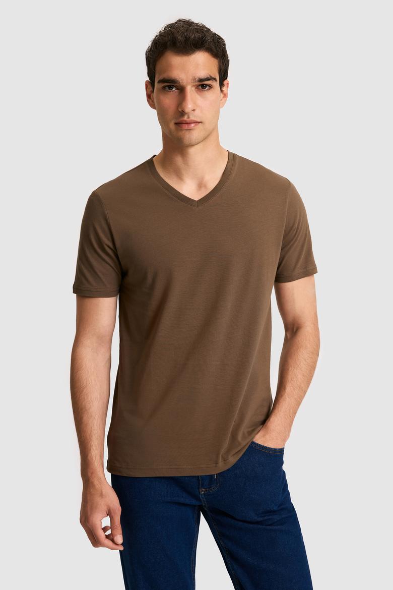 Erkek Regular Fit V Yaka Kahverengi Basic Tişört