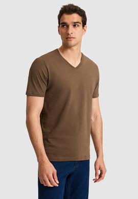 Erkek Regular Fit V Yaka Kahverengi Basic Tişört - 50326944133