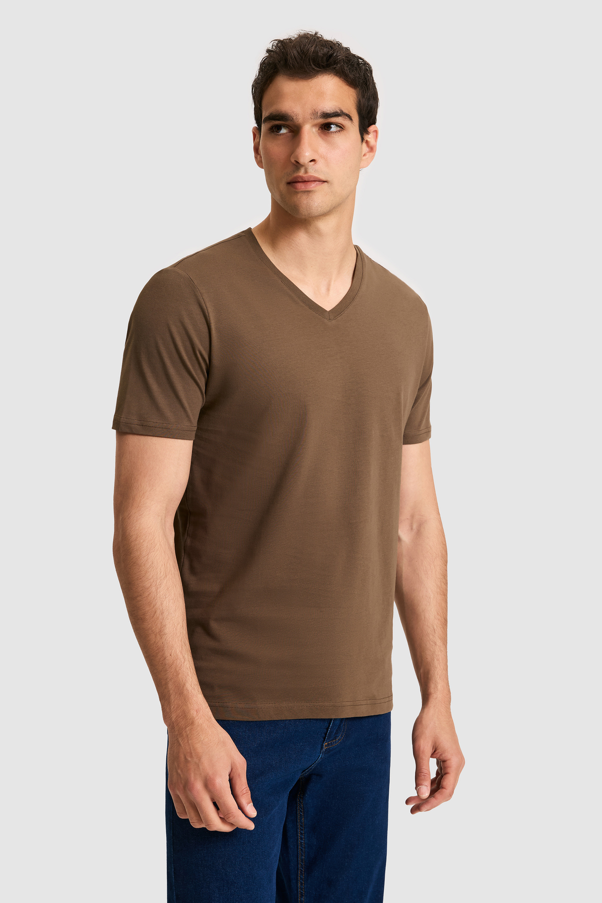 Erkek Regular Fit V Yaka Kahverengi Basic Tişört - 50326944133