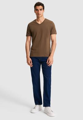 Erkek Regular Fit V Yaka Kahverengi Basic Tişört - 50326944133