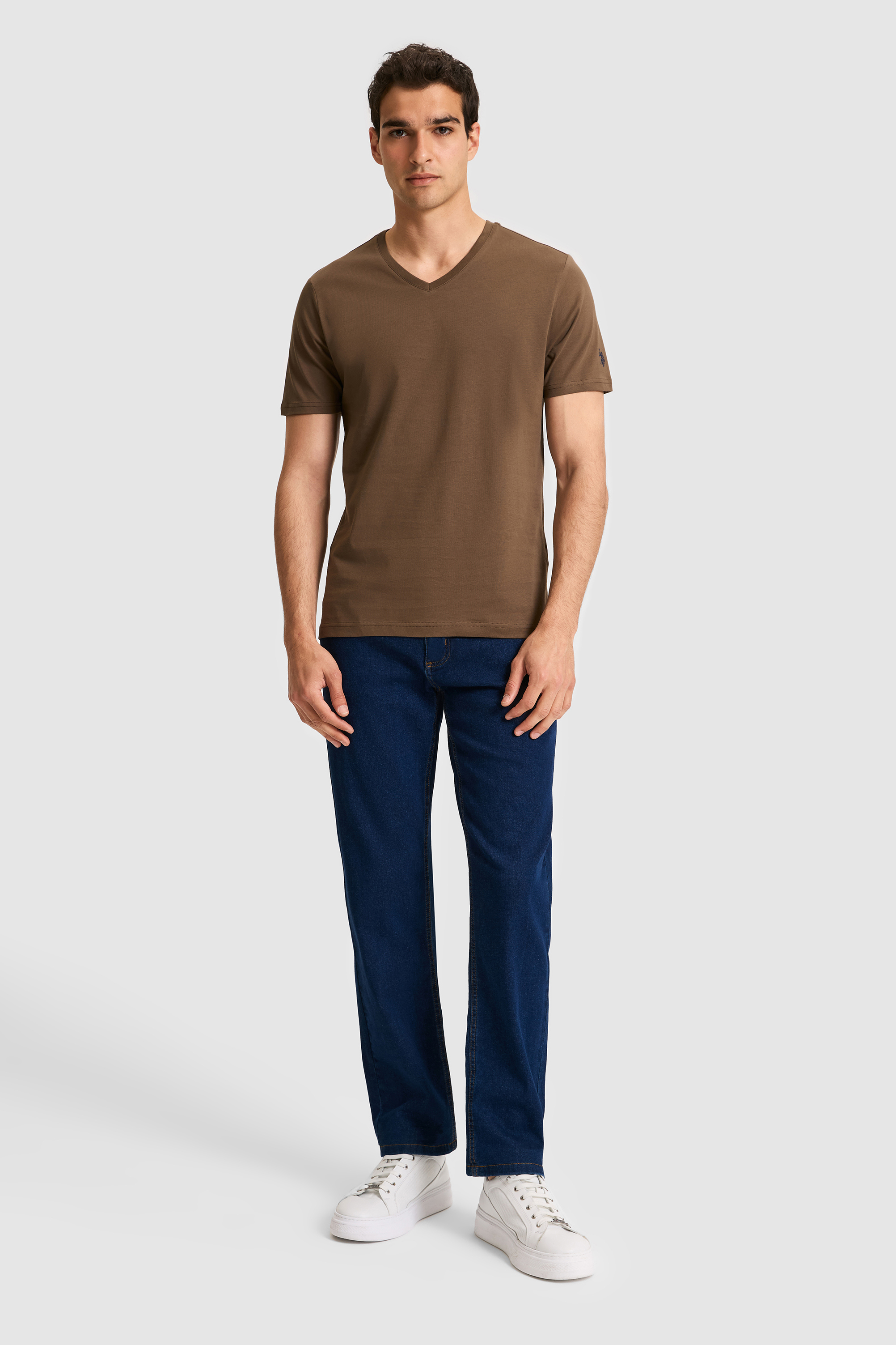 Erkek Regular Fit V Yaka Kahverengi Basic Tişört - 50326944133