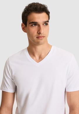 Erkek Regular Fit V Yaka Beyaz Basic Tişört - 50326944022