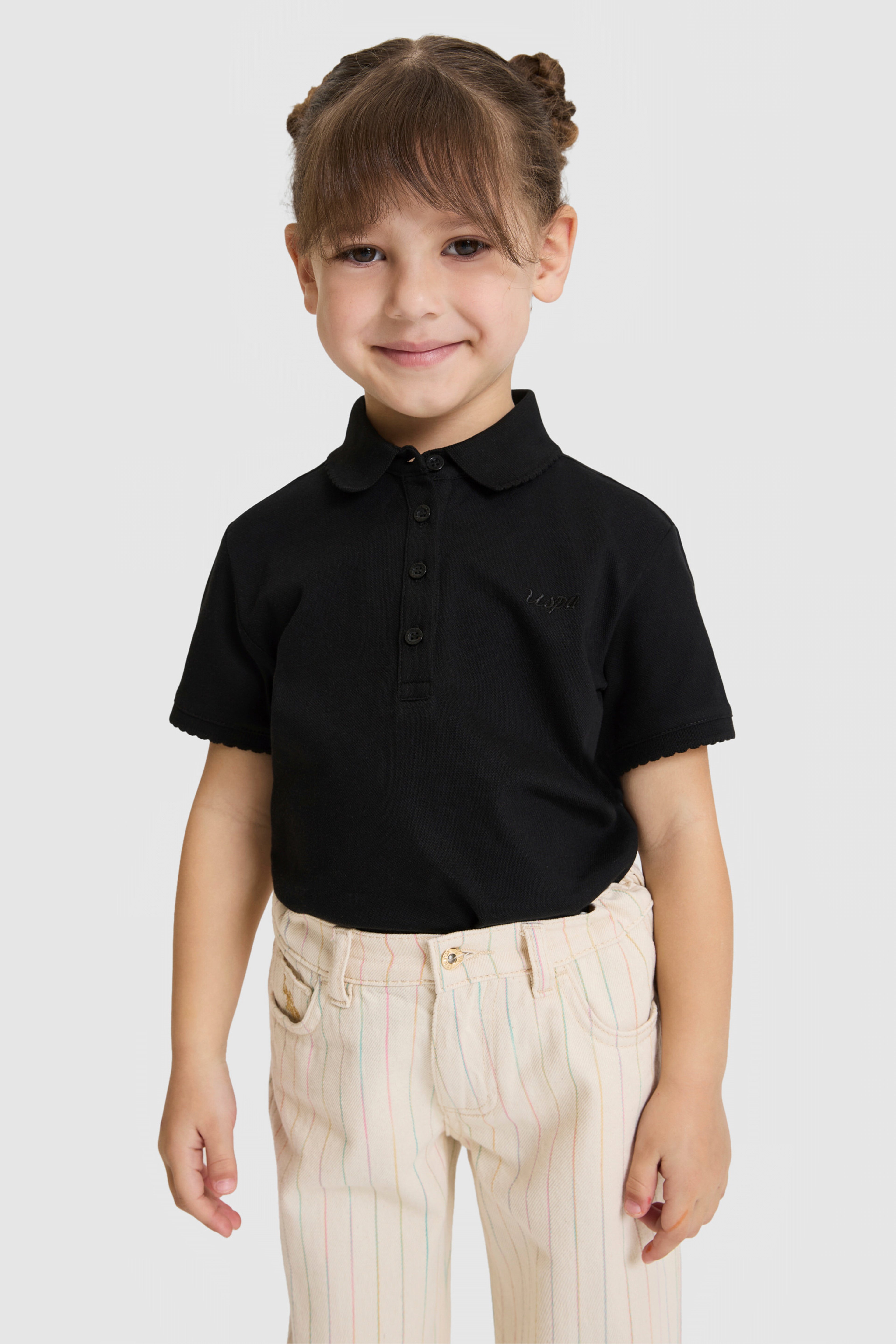 Kız Çocuk Polo Yaka Siyah Basic Tişört - Image 1