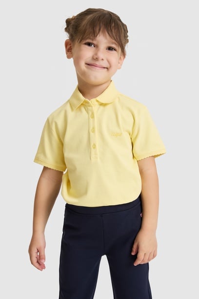 Kız Çocuk Polo Yaka Açık Sarı Basic Tişört