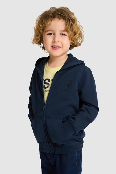 Erkek Çocuk Lacivert Kapüşonlu İnce Fermuarlı Basic Sweatshirt