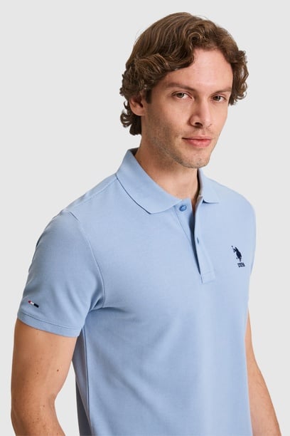 Erkek Slim Fit Polo Yaka Mavi Basic Tişört