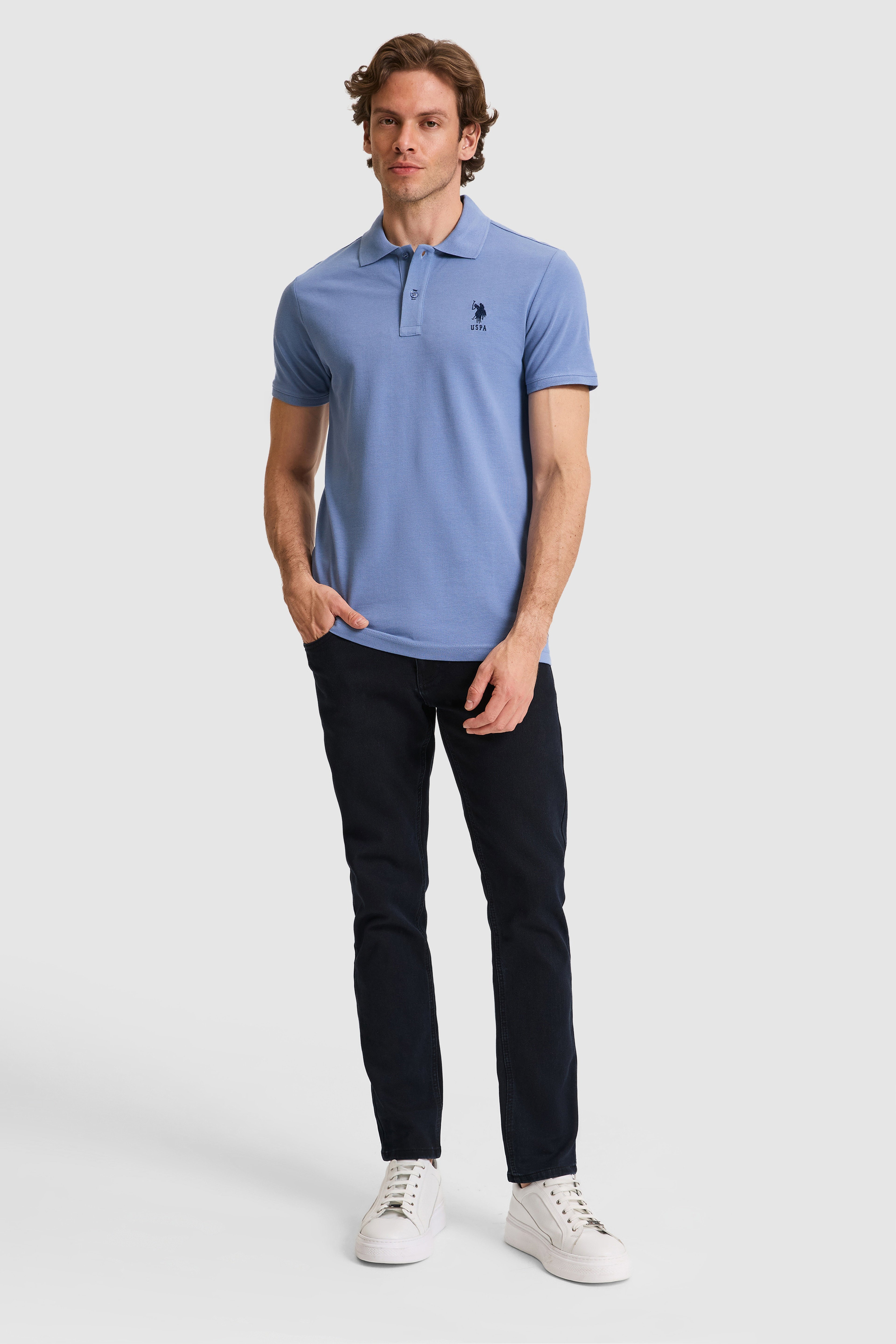 Erkek Slim Fit Polo Yaka İndigo Basic Tişört - Image 4