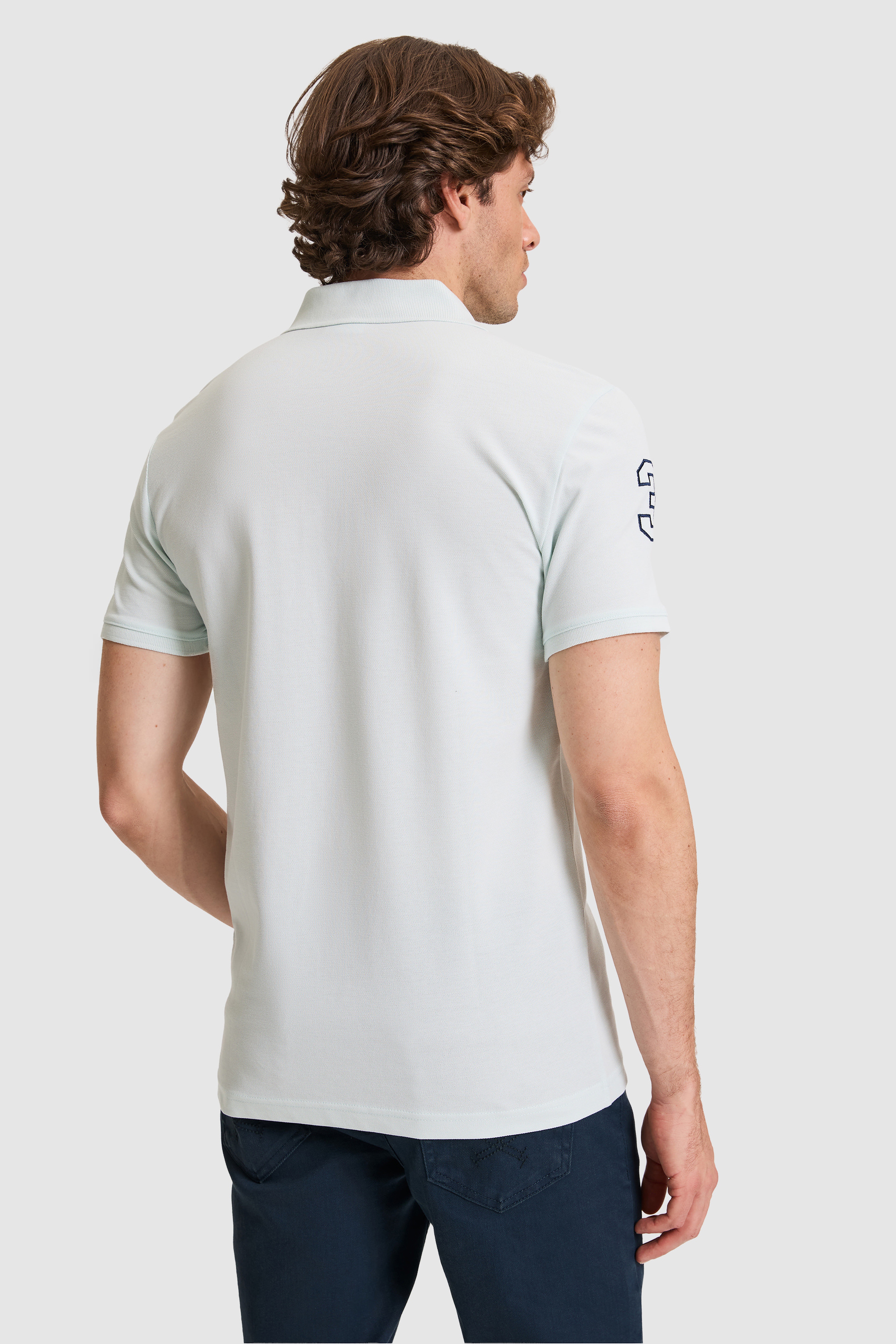 Erkek Slim Fit Polo Yaka Su Yeşili Basic Tişört - Image 5
