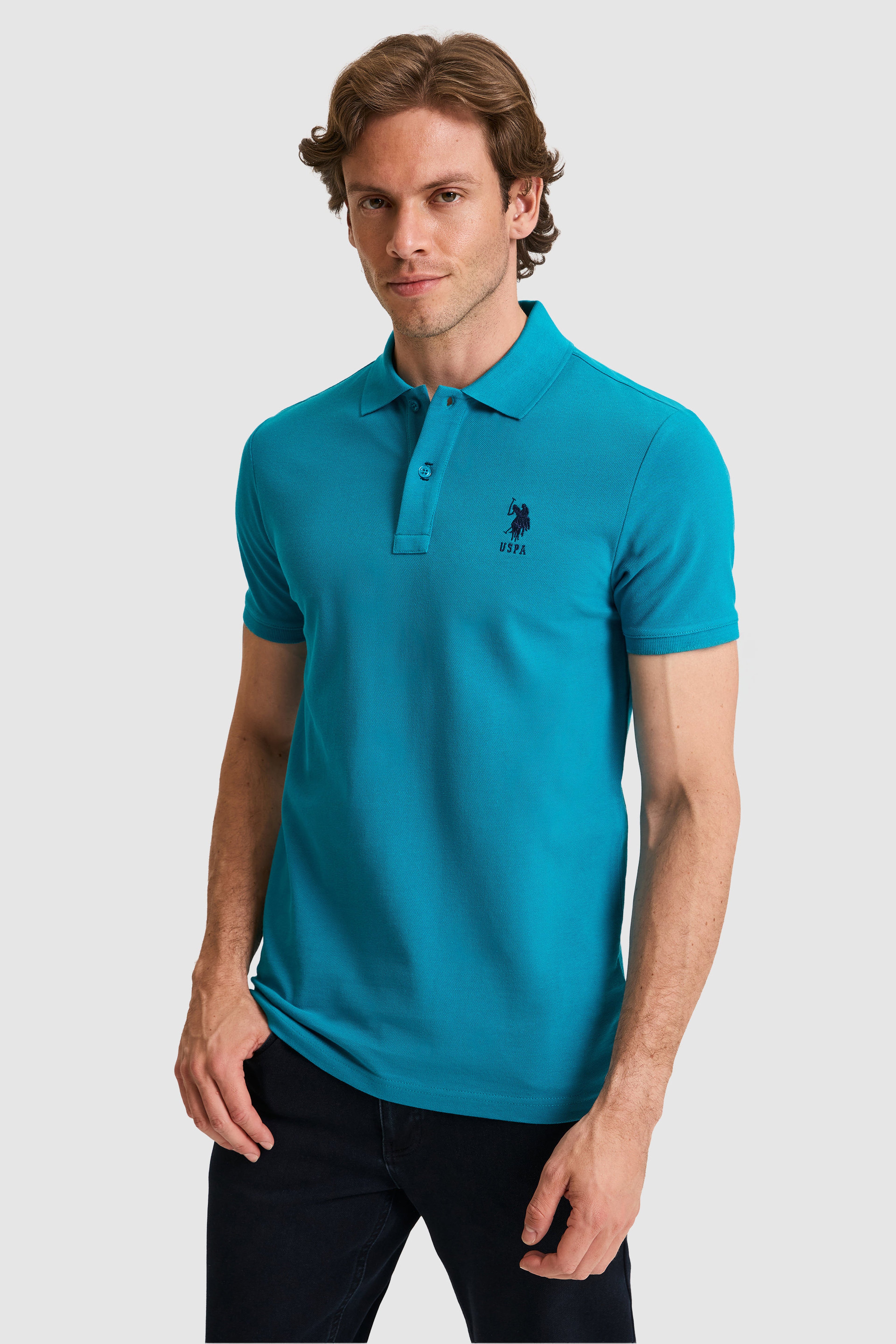 Erkek Slim Fit Polo Yaka Petrol Basic Tişört - Image 1
