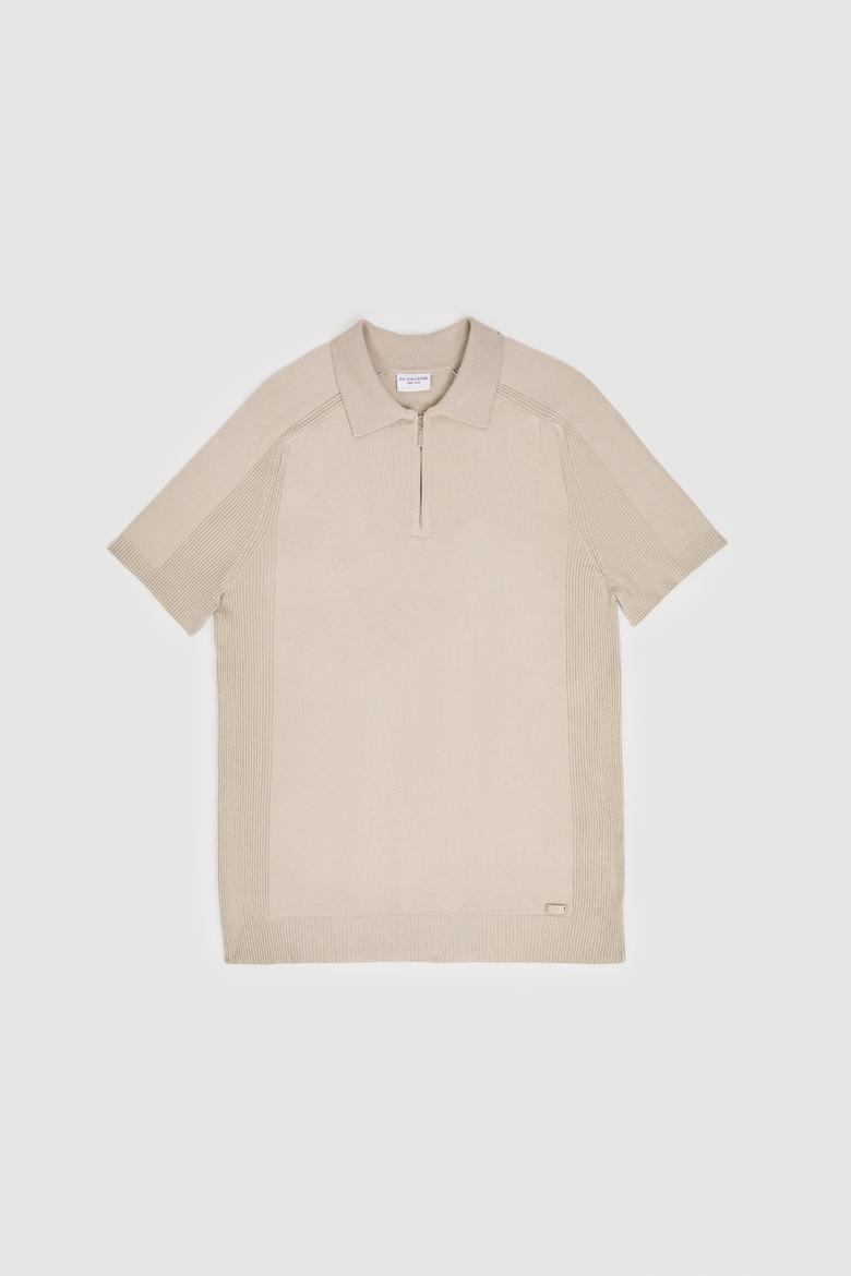 Erkek Taş Slim Fit Polo Yaka Yarım Fermuarlı Tişört - 50324302005