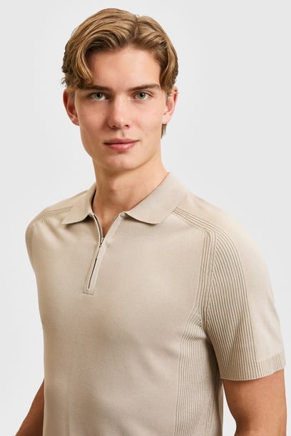 Erkek Taş Slim Fit Polo Yaka Yarım Fermuarlı Tişört