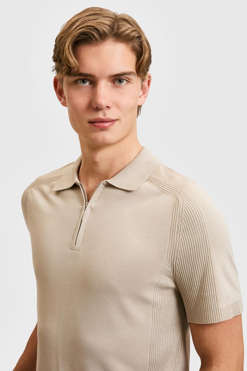Erkek Slim Fit Polo Yaka Yarım Fermuarlı Taş Kazak