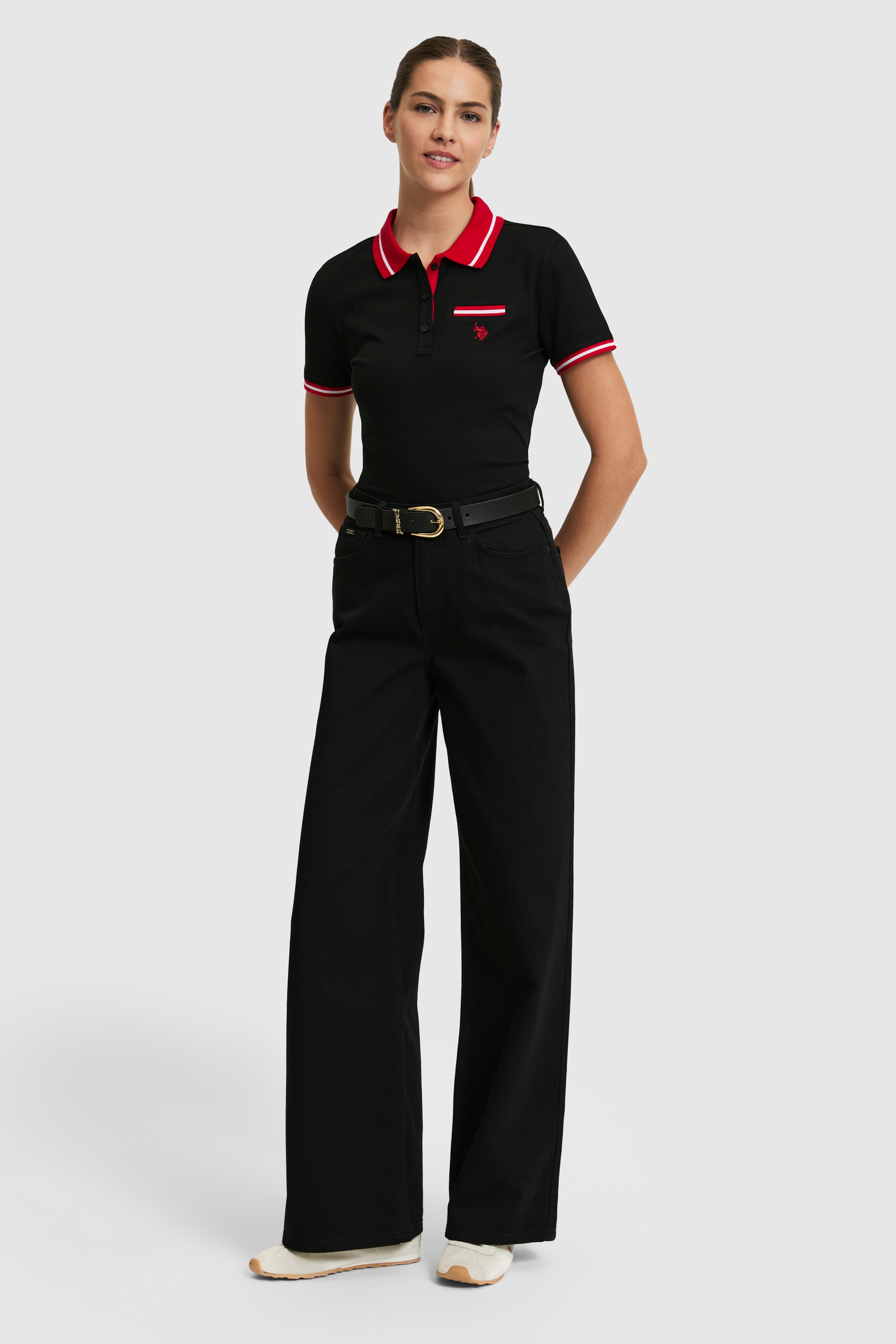 Kadın Siyah Polo Yaka Basic Tişört