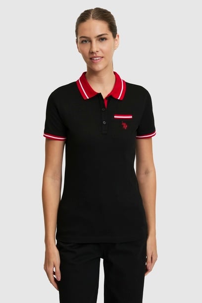 Kadın Siyah Polo Yaka Basic Tişört