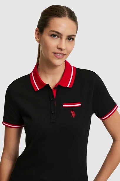 Kadın Siyah Polo Yaka Basic Tişört