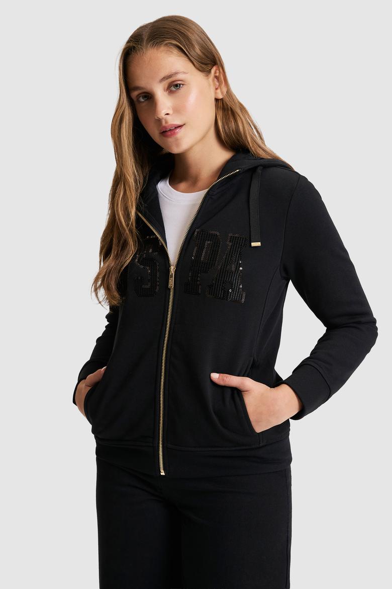 Kadın Siyah Kapüşonlu Fermuarlı Basic Sweatshirt - 50321806013