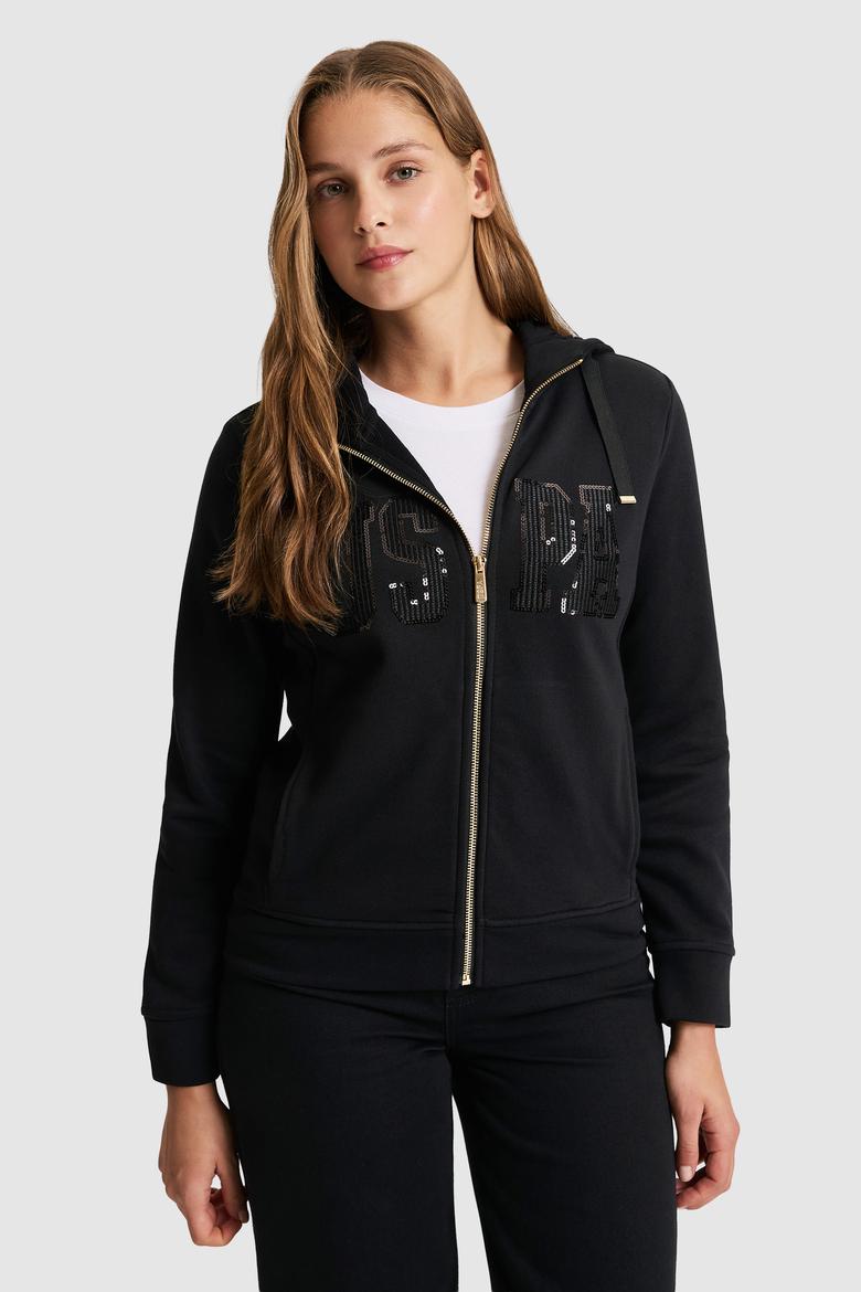 Kadın Siyah Kapüşonlu Fermuarlı Basic Sweatshirt