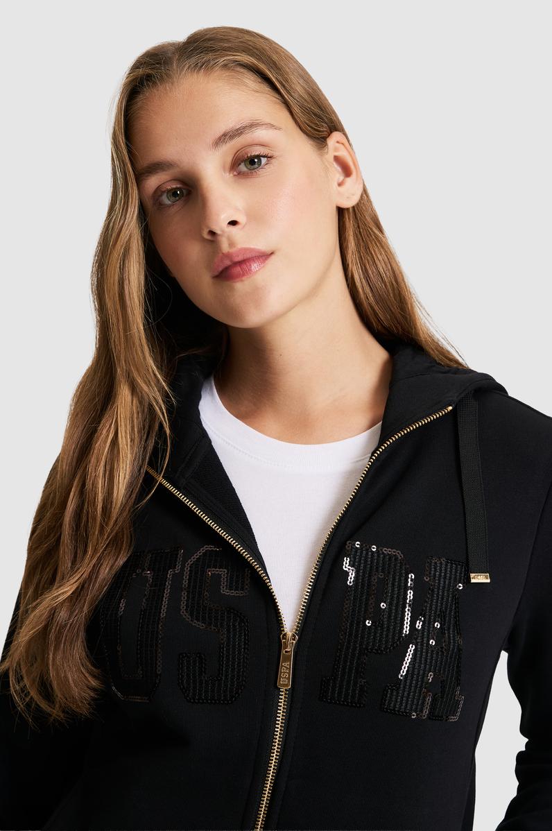 Kadın Siyah Kapüşonlu Fermuarlı Basic Sweatshirt