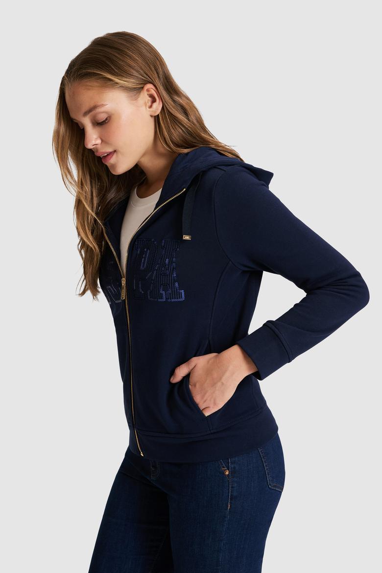 Kadın Lacivert Kapüşonlu Fermuarlı Basic Sweatshirt - 50321806008