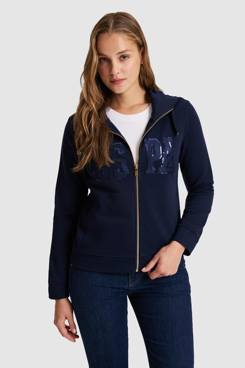 Kadın Lacivert Kapüşonlu Fermuarlı Basic Sweatshirt