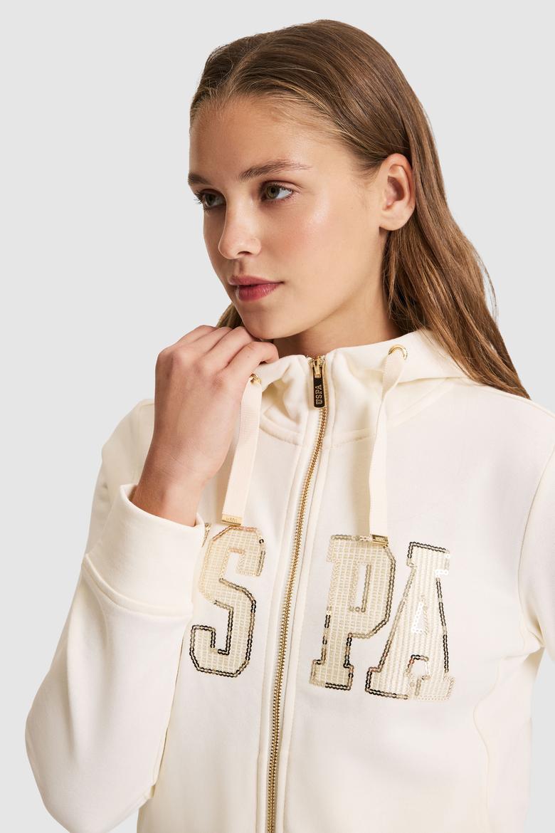 Kadın Krem Kapüşonlu Fermuarlı Basic Sweatshirt - 50321806056