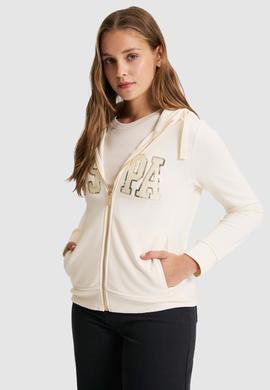 Kadın Krem Kapüşonlu Fermuarlı Basic Sweatshirt - 50321806056