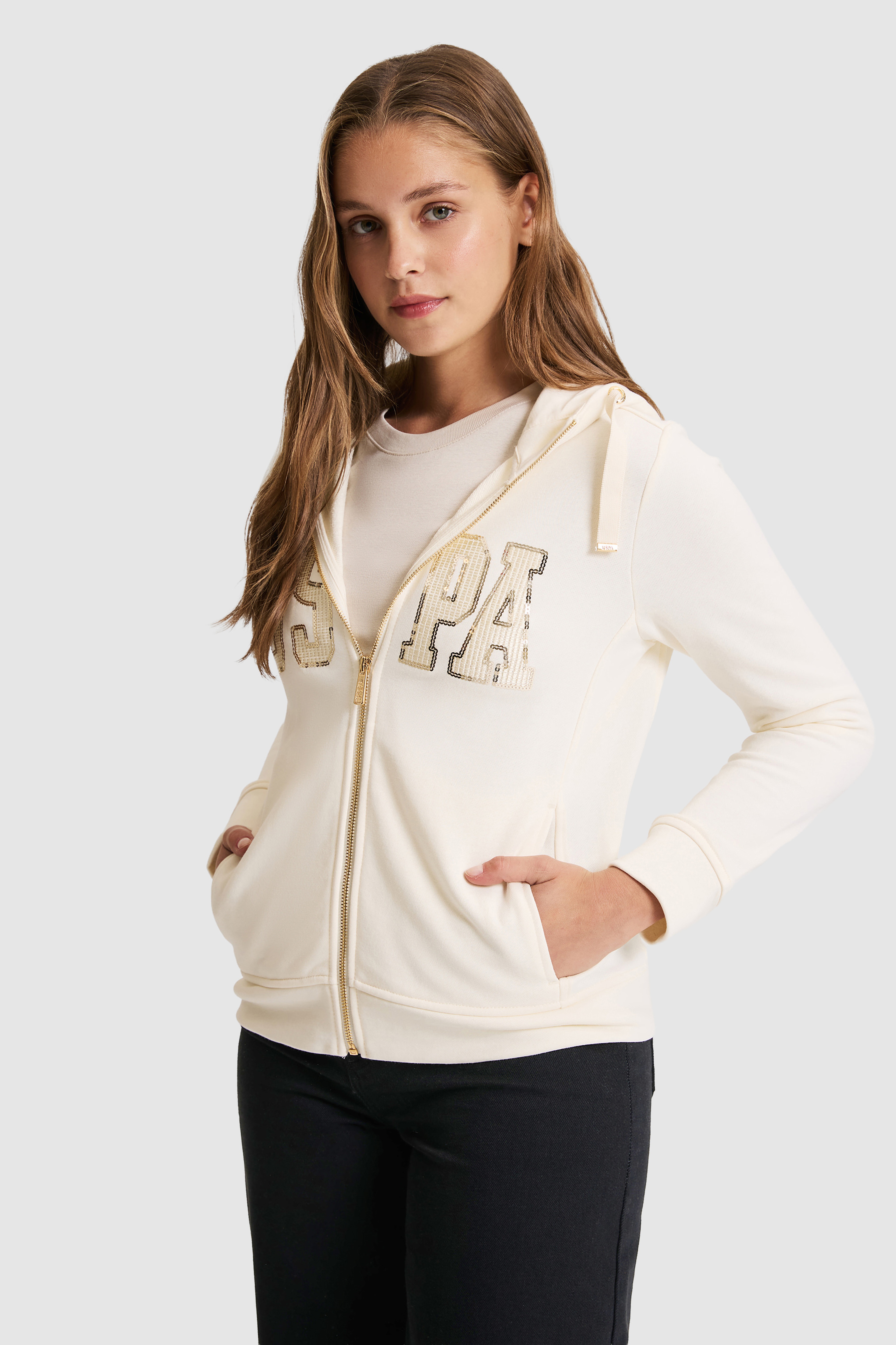 Kadın Krem Fermuarlı Kapüşonlu Basic Sweatshirt - Image 3